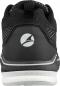Preview: The image shows the rear view of a black sports shoe with a gray logo. The shoe has a textured surface and a white sole. There is a small loop at the top.