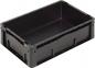 Preview: The image shows a rectangular, black plastic transport box. It has sturdy walls and an open top area. The bottom is flat, and the corners are rounded.