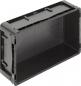 Preview: The image shows a black, rectangular plastic box without a lid. It has smooth walls and rounded corners, with handles on the sides for easy carrying.