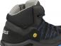 Preview: The image shows a black, ankle-high trail shoe. It has a textured surface, blue shoelaces, and a gray, padded upper edge. A yellow logo is visible on the heel area.