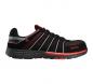 Preview: The shoe is a sporty half shoe in black with red and gray accents. It has a lightweight, sturdy sole and a breathable upper with side stripes.