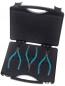 Preview: The image shows a black tool case that is open. Inside, there are three pliers with blue handles. The case has a sturdy handle and a flat shape.