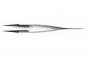 Preview: The image shows a pair of sharp, metallic pliers or tweezers. They are thin and straight, with a narrow, flat handle that splits into two pointed ends.