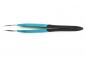 Preview: The image shows a pair of tweezers with two pointed, metallic gripping surfaces. The handle is two-toned: light blue on top and black on the bottom, with a non-slip surface.