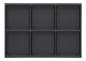 Preview: The image displays a rectangular, black tray with six square compartments. The compartments are evenly arranged and provide space for various dishes.