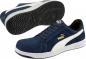 Preview: The image shows a pair of sporty sneakers in navy blue with white and gold accents. The shoes feature a smooth, padded surface and a non-slip rubber sole.