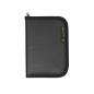 Preview: The image shows a black, rectangular wallet or case with a zipper. The surface is smooth, and there is a small yellow logo on the front.