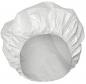 Preview: The image shows a white bonnet made of light, plastic-like material. The bonnet has an elastic hem and a wide, round opening that is open at the top.
