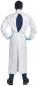 Preview: A person is standing from behind, wearing a white coat with an open back area. The sleeves are long, the hands are clad in blue gloves. The shoes are dark.