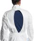 Preview: The image shows a man from behind in a white protective suit. The suit has a deep, oval cutout on the back, revealing a blue fabric underneath.
