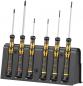 Preview: The image shows a holder with six screwdrivers. They have black handles with yellow details. The screwdrivers vary in length and have different tip shapes.