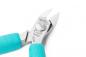 Preview: The image shows a small stainless steel tweezer with pointed cutting surfaces and a central screw mechanism. The handles are covered with a turquoise, non-slip material.