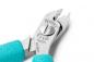 Preview: The image shows a small pair of pliers with pointed, sharp edges made of shiny silver metal. The handle is in a light turquoise blue. There are markings for the manufacturer on the top of the pliers.
