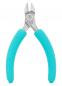 Preview: The pliers have a narrow, pointed cutting edge made of silvery metal and a central screw closure. The handles are thick, soft, and turquoise in color. It is suitable for cutting.