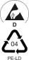 Preview: Das Bild zeigt zwei Symbole: Oben ein Handzeichen in einem Dreieck mit dem Buchstaben "D". Unten ein Recycling-Symbol mit der Zahl "04" und "PE-LD" (Polyethylen niedriger Dichte).