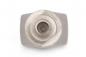 Preview: The image shows a silver hexagonal nut lying flat on a bright background. The nut has a central opening and an angled, hexagonal shape.