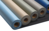 Preview: The image displays multiple spools in various colors, arranged from left to right: light blue, beige, olive green, gray, and dark blue. The spools are situated on a black background.
