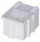 Preview: The image displays a small, cube-shaped plastic container in white with a clear lid. It has straight edges and is slightly transparent, with a small opening on top.