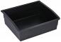 Preview: The image shows a rectangular, black plastic box with open sides and a slightly slanted top edge. The box has no lid and is empty inside. It is used for storage.