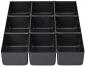 Preview: The image shows a black organizer with twelve square compartments arranged in three rows and four columns. Each compartment is of the same size and depth.