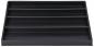 Preview: The image displays a flat, rectangular storage system in black with six slanted compartments. It is used for organized storage of documents or similar items.