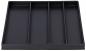 Preview: The image displays a square, flat container in matte black, divided into four equal compartments. It features a simple, modern design without a lid.