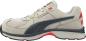 Preview: The shoe is a light, sporty sneaker. It has a light, gray upper made of textile and synthetic leather with a dark blue stripe. The sole is cushioning and has reddish accents.