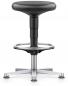 Preview: The stool has a round, black seat that sits on an adjustable, narrow stand. The base is made of chrome-plated metal with a five-ray foot for stability.