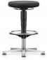 Preview: The bar stool has a round, black seat and an adjustable-height cylindrical stand. The base is made of shiny metal with five sturdy legs.