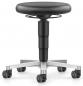 Preview: The image shows an adjustable swivel stool with a round black upholstered seat. The chair has a centrally positioned column and five casters on a silver base.