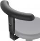Preview: The image shows a part of an office chair. It has a round, gray seat and a black, padded armrest bracket that is slightly curved.