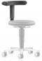 Preview: The image shows an adjustable office chair with a round, padded seat and a rounded backrest. It has a central base with five casters for mobility.