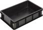Preview: The image shows a rectangular, flat box made of black plastic. It has high, straight walls and a reinforced bottom structure, suitable for storing or transporting items.