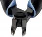 Preview: The image shows the tips of a side cutter. The blades are sharp and v-shaped, with a round swivel mechanism in the center. The handle is black with blue elements.