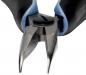Preview: The image shows a pair of pliers with pointed, sharp blades made of shiny metal. The handles are wrapped in blue and black rubber components that provide a secure grip.