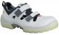 Preview: The shoe is a white, open safety shoe with two adjustable Velcro straps. The sole is lightweight and has a non-slip, transparent rubber coating.