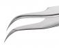 Preview: The image shows a high-quality, curved tip of tweezers made from stainless steel. The edges are sharp, the surface is shiny and smooth. They are used for precise handling.