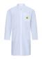 Preview: The image shows a long white coat with a collar. It has long sleeves, a chest pocket with a yellow emblem, and two side entry pockets. The fabric appears light and breathable.