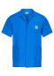Preview: The image displays a knee-length, light blue shirt with short sleeves. It features a collar, a chest pocket with a yellow warning symbol, and two side pockets.