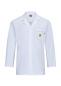 Preview: The image shows a white lab coat. It has long sleeves, a collar, and a chest pocket with a striking yellow patch. The coat is simple and functional.