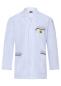 Preview: The image shows a white lab coat with long sleeves. It features a simple collar, a small chest pocket with a yellow logo, and two side pockets with gray accents.