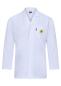Preview: The image shows a white lab coat with long sleeves. It features a small lapel collar and a chest pocket. There is a yellow logo on the pocket. The coat is simple and functional.