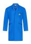 Preview: The image displays a long, blue coat with a collar and long sleeves. It features two side pockets and a small chest pocket, which bears a yellow logo.