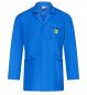Preview: The image displays a brightly blue work coat with long sleeves. It features a collar, two large front pockets, and a chest pocket with a yellow logo. The coat appears sturdy and functional.