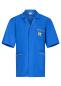 Preview: The image shows a short-sleeved, bold blue shirt. It features a classic collar, two side pockets, and a chest pocket with a yellow logo. The seams are highlighted in yellow.