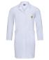 Preview: The image shows a white lab coat made of lightweight fabric. It has long sleeves, a collar, and two side pockets. There is a yellow emblem on the left chest side.