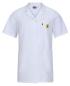 Preview: The image shows a white coat with short sleeves. It features a collar, two patch pockets, and a small yellow logo on the left chest side.