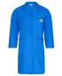 Preview: The image shows a blue lab coat with long sleeves. The coat has a collar, two front pockets, and a small attached warning symbol on the left side.
