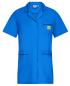 Preview: The image displays a blue coat with short sleeves. It features a collar, a chest pocket with a yellow logo, and two side pockets. The fabric appears light and functional.