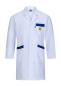 Preview: The image shows a white lab coat. It has long sleeves, two side pockets, and a chest pocket with a small yellow print. The coat appears clean and professional.